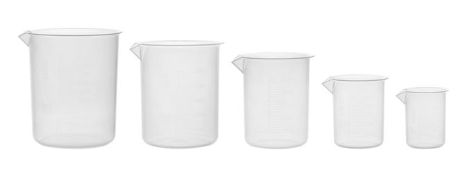 5 Piece Plastic Beaker Set, Polypropylene - 50ml, 100ml, 250ml, 500ml & 1000ml - Raised Graduations - With Spout - Eisco Labs