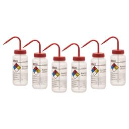 6PK Wash Bottle for Acetone, 500ml - Labeled with Color Coded Chemical & Safety Information (4 Colors) - Wide Mouth, Self Venting, Low Density Polyethylene - Eisco Labs