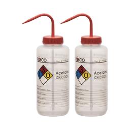 2PK Wash Bottle for Acetone, 1000ml - Labeled with Color Coded Chemical & Safety Information (4 Colors) - Wide Mouth, Self Venting, Low Density Polyethylene - Eisco Labs
