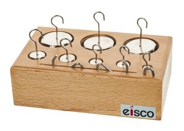 Brass Weight Set - 8 Weights & 3 Spare Hooks - With Wooden Storage Block - Eisco Labs