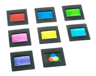 Mounted Color Filters, 50x50mm - Red, Blue, Green, Indigo, Magento, and Yellow