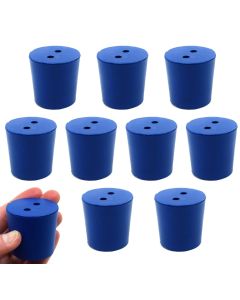 10PK Neoprene Stoppers, 2 Holes - Blue - Size: 38mm Bottom, 42mm Top, 40mm Length - Suitable for use with Petroleum, Oils, Inorganic Acids and Bases - Eisco Labs