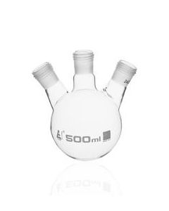 Distillation Flask with 3 Necks, 500ml - 24/29 Joint Size - Round Bottom, Interchangeable Screw Thread Joints - Borosilicate Glass - Eisco Labs