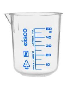 Beaker, 50ml - TPX Plastic - Printed Graduations, Spout for Easy Pouring - Excellent Optical Clarity - Eisco Labs