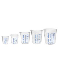 5pc Beaker Set, TPX Plastic - 50, 100, 250, 600 & 1000 - Screen Printed Graduations, Spout for Easy Pouring - Excellent Optical Clarity - Eisco Labs