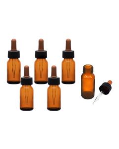 6PK Dropping Bottles, 30ml (1oz) - Amber Soda Glass - Screw Cap with Glass Dropper & Rubber Bulb - Eisco Labs
