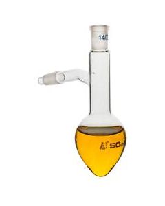 Distilling Flask, 50ml - 14/23 Joint & Side Socket - Borosilicate Glass, Pear Shape - Short Neck - Eisco Labs