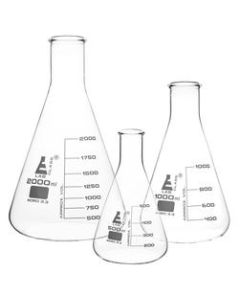 Erlenmeyer Flasks Set, 3 Pieces - 500ml, 1000ml & 2000ml - Borosilicate Glass - Narrow Neck, Conical Shape - White Graduations - Eisco Labs