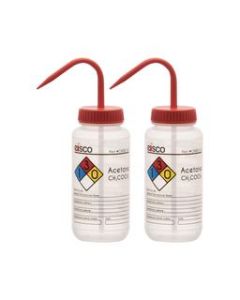 2PK Wash Bottle for Acetone, 500ml - Labeled with Color Coded Chemical & Safety Information (4 Colors) - Wide Mouth, Self Venting, Low Density Polyethylene - Eisco Labs