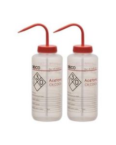 2PK Wash Bottle for Acetone, 1000ml - Labeled with Color Coded Chemical & Safety Information (2 Color)  - Wide Mouth, Self Venting, Low Density Polyethylene - Eisco Labs