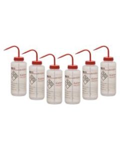 6PK Wash Bottle for Acetone, 1000ml - Labeled with Color Coded Chemical & Safety Information (2 Color)  - Wide Mouth, Self Venting, Low Density Polyethylene - Eisco Labs