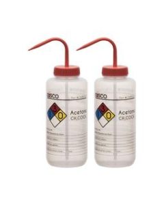 2PK Wash Bottle for Acetone, 1000ml - Labeled with Color Coded Chemical & Safety Information (4 Colors) - Wide Mouth, Self Venting, Low Density Polyethylene - Eisco Labs