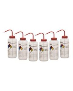 6PK Wash Bottle for Acetone, 1000ml - Labeled with Color Coded Chemical & Safety Information (4 Colors) - Wide Mouth, Self Venting, Low Density Polyethylene - Eisco Labs