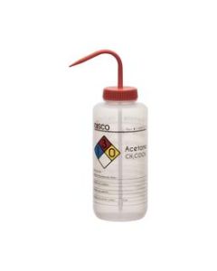 Wash Bottle for Acetone, 1000ml - Labeled with Color Coded Chemical & Safety Information (4 Colors) - Wide Mouth, Self Venting, Low Density Polyethylene - Eisco Labs