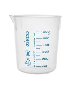Premium 600mL Beaker - Polypropylene Plastic, Blue Screen Printed, 50mL Graduations, Eisco Labs