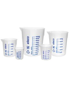 5pc Beaker Set, Polypropylene - 50, 100, 250, 600 & 1000mL - Screen Printed Graduations, Spout for Easy Pouring - Excellent Optical Clarity - Eisco Labs