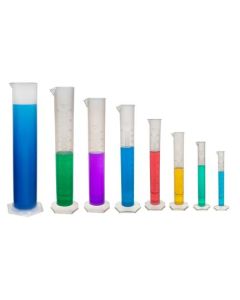 Set of 8 Polypropylene Graduated Cylinders, Hexagonal Base*, Raised Graduations - 10, 25, 50, 100, 250, 500, 1000, 2000mL*Round Base