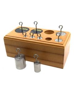 Hooked Weights Set, Stainless Steel, 9 Pieces - Metric Grams, 10-1000 grams - Includes Wooden Storage Block - Eisco Labs