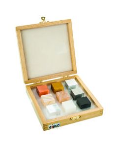 9pc Specimen Density Cube Set - 1" EA: Brass, Iron, Copper, Aluminum, Hardwood, Softwood, Nylon, PVC, Acrylic - Includes Wooden Storage Box - Eisco Labs