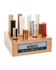 12pc Cylindrical Bars Density ID Set - Hardwood, Softwood, Aluminum, Copper, Brass, Rubber, Nylon, Derlin, PVC, Glass, Acrylic & Teflon - Includes Storage Block - Study Density & Mass - Eisco Labs