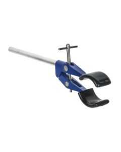 2 Prong, Vinyl Coated, Burette, Flask, Beaker Clamp on Stainless Steel Rod - 4.25" Max Clamp Opening, 5.5" Rod - Powder Coated Zinc Clamp - Research, Industrial Laboratory Grade -  Eisco Labs