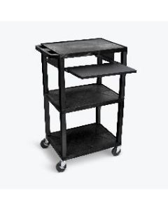 42"H AV Cart - 3 Shelves, Pullout Shelf - Black