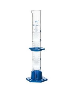 Measuring Cylinder, 5ml - Class B - Detachable, Plastic Hexagonal Base & Protective Collar - Blue Graduations - Borosilicate Glass - Eisco Labs