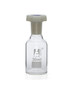 Bottle Reagent, made of borosilicate glass, narrow mouth with acid proof polypropylene stopper 30ml., socket size 14/23