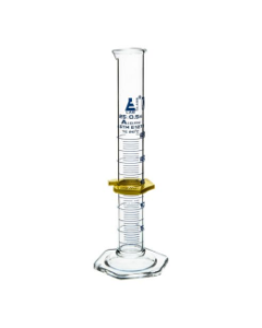 Cylinder Measuring Graduated, cap. 25ml., class 'A', Hex. base with spout, borosilicate glass, Blue Graduation with plastic guard