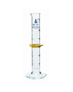 Cylinder Measuring Graduated, cap. 50ml., class 'A', Hex. base with spout, borosilicate glass, Blue Graduation with plastic guard