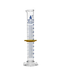 Cylinder Measuring Graduated, cap. 100ml., class 'A', Hex. base with spout, borosilicate glass, Blue Graduationwith plastic guard