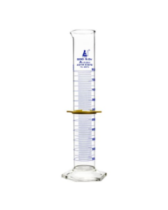 Cylinder Measuring Graduated, cap. 500ml., class 'A', Hex. base with spout, borosilicate glass, Blue Graduation with plastic guard