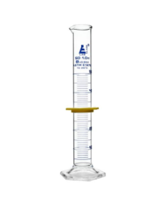 Cylinder Measuring Graduated, cap. 50ml., class 'B', Hex. base with spout, borosilicate glass, Blue Graduation with plastic guard