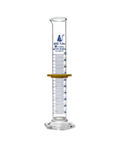 Cylinder Measuring Graduated, cap. 100ml., class 'B', Hex. base with spout, borosilicate glass, Blue Graduation with plastic guard