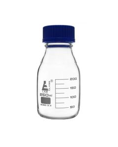 Reagent Bottle, 250ml - Transparent with Blue Screw Cap - White Graduations - Borosilicate 3.3 Glass - Eisco Labs