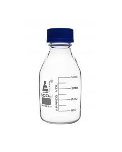 Reagent Bottle, 500ml - Transparent with Blue Screw Cap - White Graduations - Borosilicate 3.3 Glass - Eisco Labs
