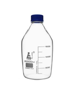 Reagent Bottle, 2000ml - Transparent with Blue Screw Cap - White Graduations - Borosilicate 3.3 Glass - Eisco Labs