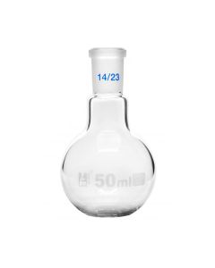 Florence Boiling Flask, 50ml - 14/23 Joint, Interchangeable - Borosilicate Glass - Flat Bottom, Short Neck - Eisco Labs
