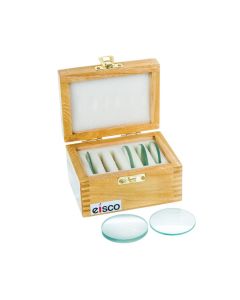 Glass Lenses Set of Six in Wooden Case - 50 mm dia., 3 Double Convex (20, 30, 50cm FL) and 3 Double Concave (20, 30, 50cm FL) - Eisco Labs