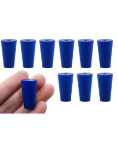 Blue ASTM neoprene stoppers with 1 hole (4 mm dia): ASTM Size: #0 Bottom 13mm Top 17mm Length 25mm
