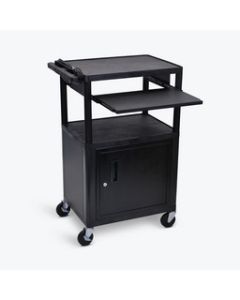 42"H AV Cart - 3 Shelves, Cabinet, Front Pullout Shelf