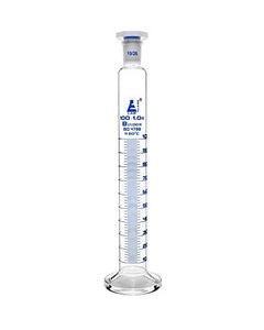 Graduated Cylinder, 100mL - Class B - 19/26 Polypropylene Stopper - Round Base, Blue Graduations - Borosilicate Glass - Eisco Labs