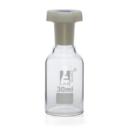 Bottle Reagent, made of borosilicate glass, narrow mouth with acid proof polypropylene stopper 30ml., socket size 14/23