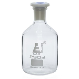 Bottle Reagent, made of borosilicate glass, narrow mouth with acid proof polypropylene stopper 250ml., socket size 19/26