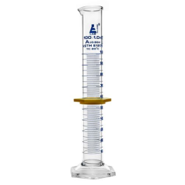 Cylinder Measuring Graduated, cap. 100ml., class 'A', Hex. base with spout, borosilicate glass, Blue Graduationwith plastic guard