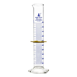 Cylinder Measuring Graduated, cap. 500ml., class 'A', Hex. base with spout, borosilicate glass, Blue Graduation with plastic guard