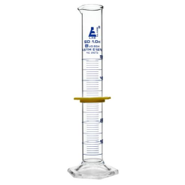 Cylinder Measuring Graduated, cap. 50ml., class 'B', Hex. base with spout, borosilicate glass, Blue Graduation with plastic guard
