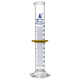 Cylinder Measuring Graduated, cap. 100ml., class 'B', Hex. base with spout, borosilicate glass, Blue Graduation with plastic guard