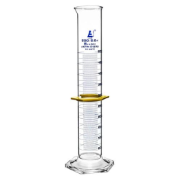 Cylinder Measuring Graduated, cap. 500ml., class 'B', Hex. base with spout, borosilicate glass, Blue Graduation with plastic guard