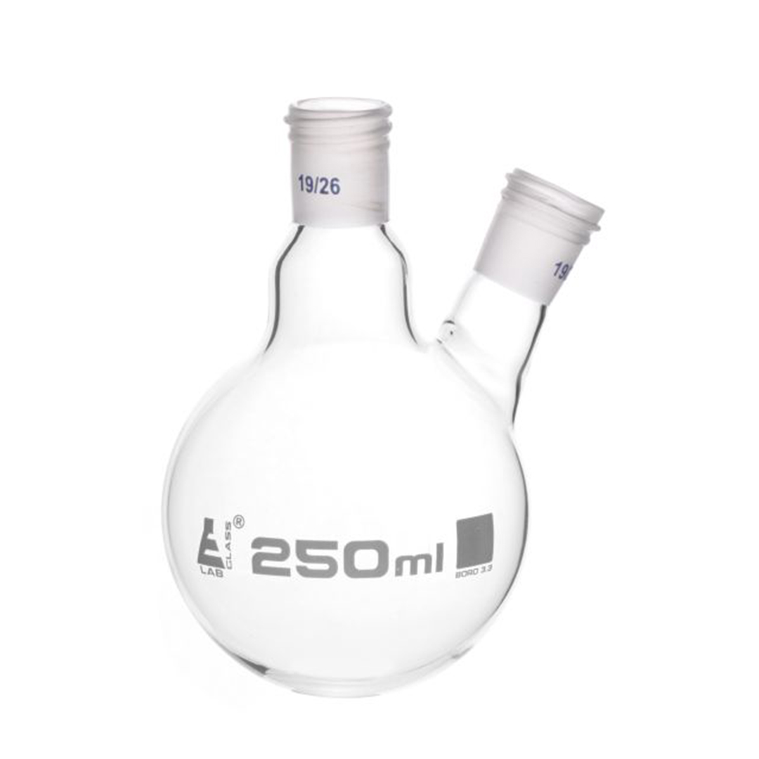 Distillation Flask with 19/26 Joints, 250ml Capacity, Two Necks, Interchangeable Screw Thread Joint, Borosilicate Glass - Eisco Labs